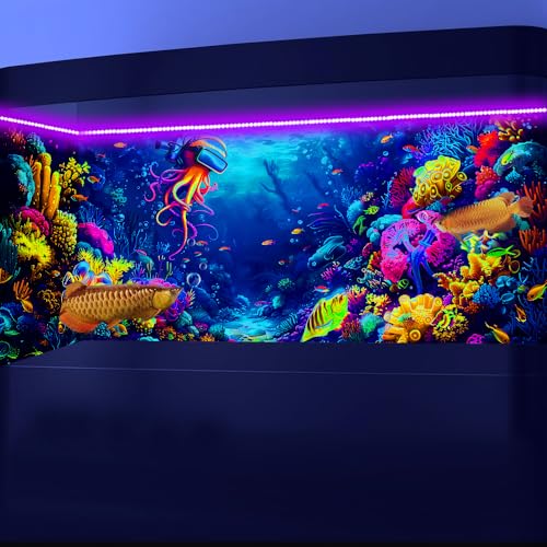 72X16IN Blacklight Ocean HD 3D Black Light Aquarium Background UV Reactive Octopus Background Terrarium Background with 10 EVA Double-Sided Tape with 10 EVA Double-Sided Tape - size: 72X16in/180X40cm