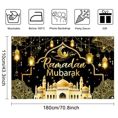 Mocsicka Ramadan Mubarak Banner Backdrop for Muslim Ramadan Kareem Banner Eid al-Fitr and Eid al-Adha Ramadan Kareem Background for Photography (Black and Gold, 70.8x43.3 inch) - color: Black and Gold