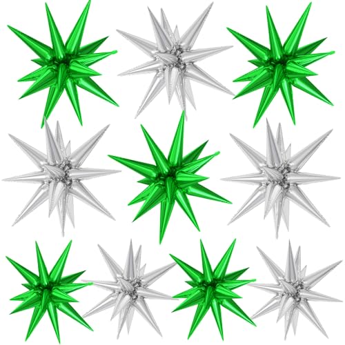 Green Silver Star Foil Balloons 10 Pcs 22Inch Large Green Silver Spike - color: Green Silver