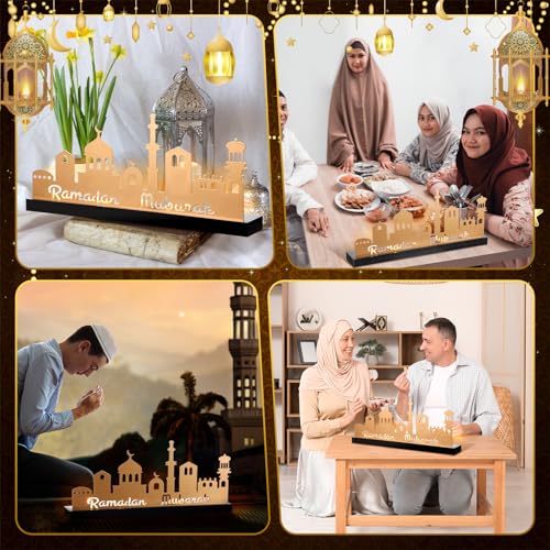 MorningRo Ramadan Mubarak Decorations Islamic Candle Holder with 5 Tea Candles Eid Mubarak Metal Sign with Wood Base Ramadan Kareem Table Centerpieces Eid Al Fitr Muslim Party Gifts - style: Classic