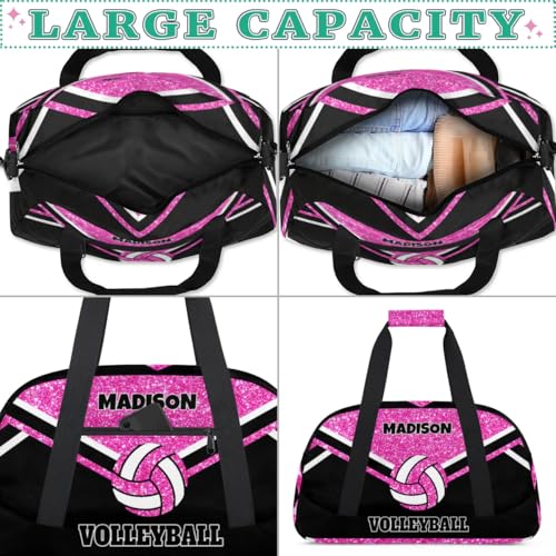 Personalized Volleyball Sports Bag, Custom Sport Duffel Bag Large Compartment Cheerleaders Dance Bag Weekender Bags Travel Bag, Bright Pink Glittering with Black - color: Hot Pink