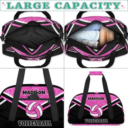 Personalized Volleyball Sports Bag, Custom Sport Duffel Bag Large Compartment Cheerleaders Dance Bag Weekender Bags Travel Bag, Bright Pink Glittering with Black - color: Hot Pink