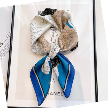 Sumolux Head Hair Scarf for Women Like Satin Silk Scarf Bandana Hair Wrapping Night Large Square Scarves 27.5" - color: Blue Beautiful Flowers