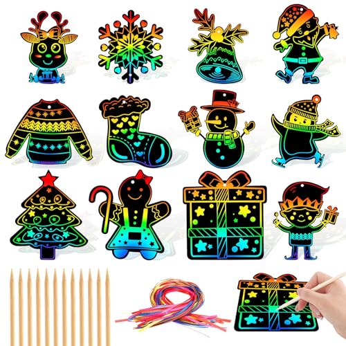 JULMELON 36 Pcs Christmas Scratch Art for Kids, Rainbow Craft Ornaments - style: Christmas Crafts