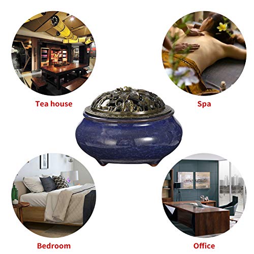 Miupoo Incense Burner and Cone Incense Holder with Brass Incense Stick Holder Ceramic Ash Catcher (Dark Blue) - color: Dark Blue