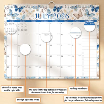 Wall Calendar 2026-2027 – 11 x 8.7 In, 18 Months from July 2026 to December 2027, Monthly Calendar with Holidays, Julian Dates, Grid Design for Scheduling, Home or School Use - color: Butterfly