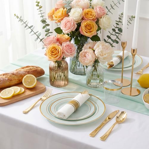 WDF Partyware 175PCS Sage Green Plastic Plates - Heavy Duty Green Plates Disposable - 25Guests Plastic Dinnerware with Rolled Napkins for Spring/Birthday/Baby Shower - color: Sage Green, size: 175PCS