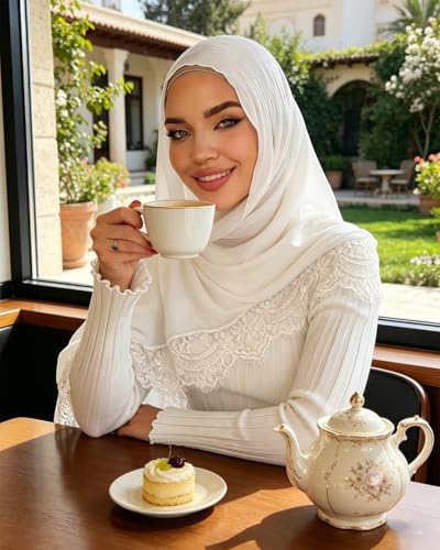 JUMISEE Elegant Floral Lace Hijab Scarf for Women Soft Cotton Head Wrap Instant Hijab Long Scarves Evening Dress Shawl - color: White