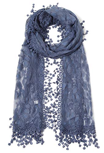 Cindy & Wendy Lightweight Soft Leaf Lace Fringe Scarf Bridal Shawl for Women - color: Navy