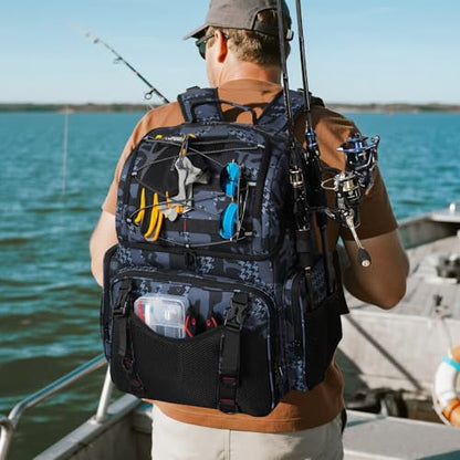 Fishing Backpack, 45L Large Cooler Fishing Tackle bag with Rod Holders & Rain Cover, Water-resistant Store Fishing Gear - color: Black Camo