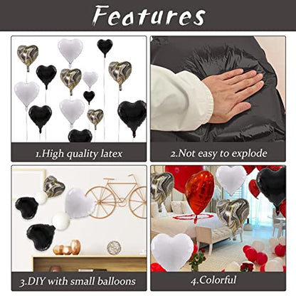 Black White Agate Heart Balloons, 10PCS Foil for Goth Wedding Party - color: Glossy-black White Agate