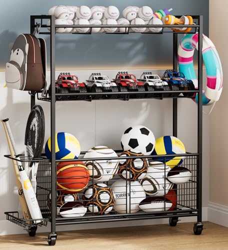 Sports Equipment Storage Rack with Wheels, 3-Tier Ball Organizer | Large Capacity Sports Gear & Toy Organizer with Racket Slots, Hooks, for Garage, Home Gym & Backyard, 31" W