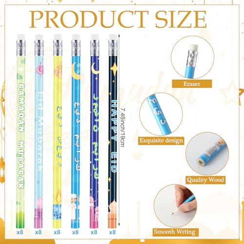 Mooliwe 144 Pcs Ramadan Mubarak Party Favor Gifts Bulk 48 Eid Ramadan Muslim Pencils 48 Mubarak Wristbands 48 Cellophane Gift Bag for Party Decorations Supplies(Chic Style) - style: Chic Style