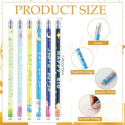 Mooliwe 144 Pcs Ramadan Mubarak Party Favor Gifts Bulk 48 Eid Ramadan Muslim Pencils 48 Mubarak Wristbands 48 Cellophane Gift Bag for Party Decorations Supplies(Chic Style) - style: Chic Style