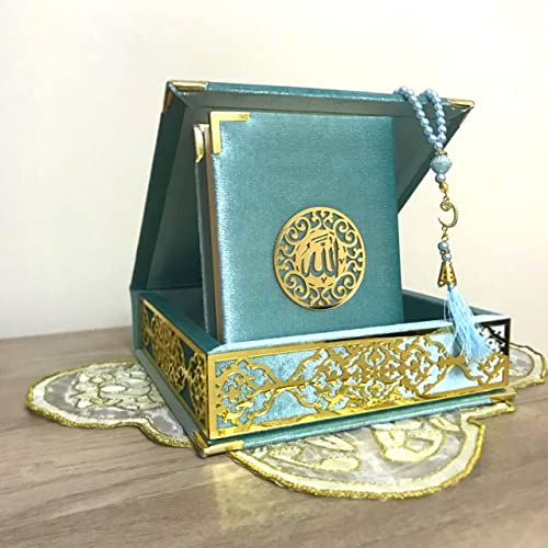 Velvet Covered Quran and Pearl Tasbih in Wooden Decorative Box | Quran Gift Box | Islamic Gift Set | Islamic Birthday, Wedding Gift | Muslim Eid Ramadan Gift (Blue) - color: Blue