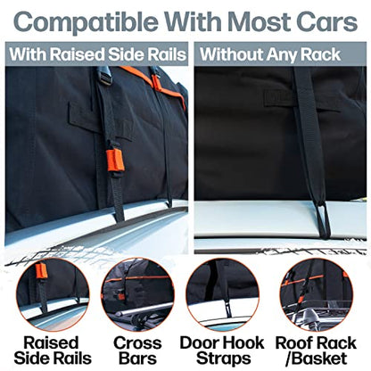 Car Rooftop Cargo Carrier Bag Waterproof Storage - Including Double Zippers15 cft. with Heavy-Duty Tie-Down Straps fit Cars with/Without Roof Top Rack or Side Rails. - size: 15 cuft