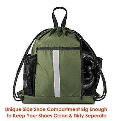BeeGreen Moss Green Drawstring Bag Pack Sport Cinch Sack with Shoe Compartment and Two Side Mesh Pockets Heavy Duty Gym String Backpack for Unisex - color: Moss Green, style: Drawstring With Shoe Compartment