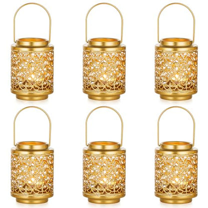NUPTIO Gold Candle Lanterns Decorative: 6 Pcs Hanging Metal Tealight Candles Holder 4.1inch Brass Mini Tea Light Lantern Centerpiece for Weddings Bridal Shower Anniversary Table Decor (Style 3) - size: Style 3 - 6 Pcs