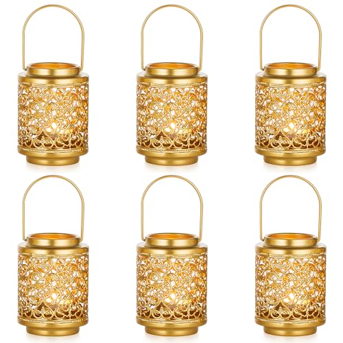 NUPTIO Gold Candle Lanterns Decorative: 6 Pcs Hanging Metal Tealight Candles Holder 4.1inch Brass Mini Tea Light Lantern Centerpiece for Weddings Bridal Shower Anniversary Table Decor (Style 3) - size: Style 3 - 6 Pcs