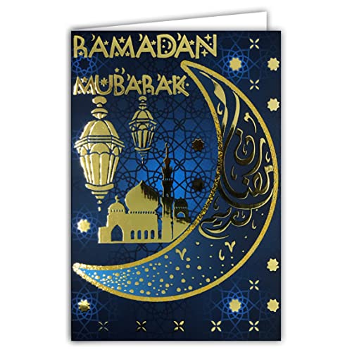 68-9002 Ramadan Mubarak Card in Gold Shiny Gold Muslims Month Holy Fast Laylat al-Qadr Eid al-Fitr Islamic Festival Crescent Moon Pillars Mosque Lantern White Envelope Format 17.5 x 12 cm