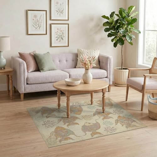 4'x6' Washable Beachy Fish Accent Rug, Teal Non-Shedding Small Carpet Pet Friendly & Non-Slip for Playroom, Bedroom, Reading Nook | Ref:1885581 - color: Beige/Pattern 44, size: 4' x 6' (Rectangular)