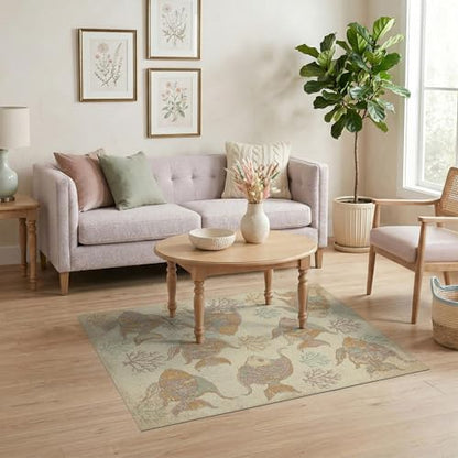 4'x6' Washable Beachy Fish Accent Rug, Teal Non-Shedding Small Carpet Pet Friendly & Non-Slip for Playroom, Bedroom, Reading Nook | Ref:1885581 - color: Beige/Pattern 44, size: 4' x 6' (Rectangular)