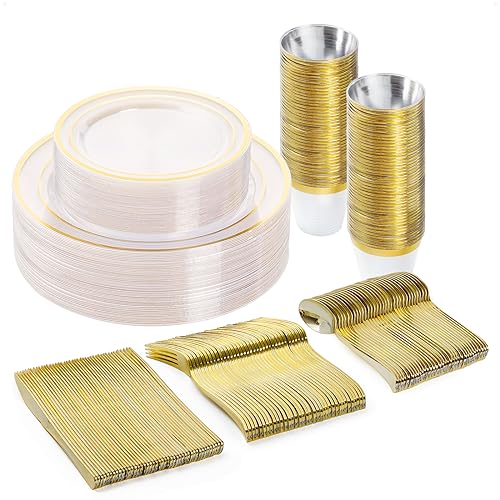 BESTVIP 150PCS Plastic Dinnerware Set, Clear Gold Disposable Plates - color: Clear Gold, size: 25 Guests