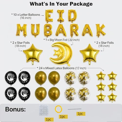 Eid Mubarak Decorations Set - Black and Gold Ramadan Party Supplies including Banner, Balloons for Muslim Islamic Eid Al-Fitr Home Wall Decor (gold)