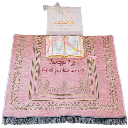 IEF Personalized Embroidered Prayer Rug Prayer Beads Yaseen Dua Book Quran Islamic Gift Set Ramadan Eid Hajj Umrah Wedding Birthday Mother's Day Father's Day Valentine's Day Gifts (Pink) - color: Pink