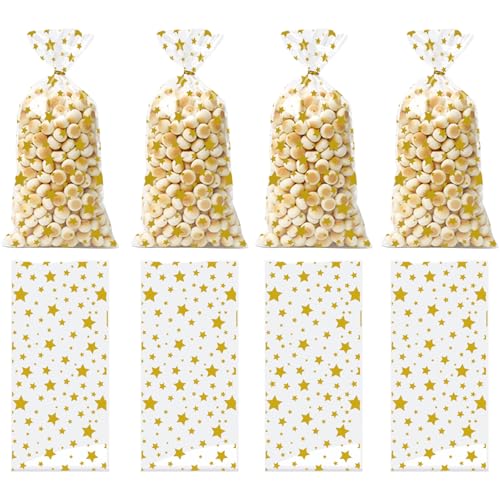 Totelux Star Cellophane Gift Bags 50PCS Clear Candy Bags Plastic Treat Goodies Bags with Ties for Cookies Gift Packaging Birthday Party Supplies Gold