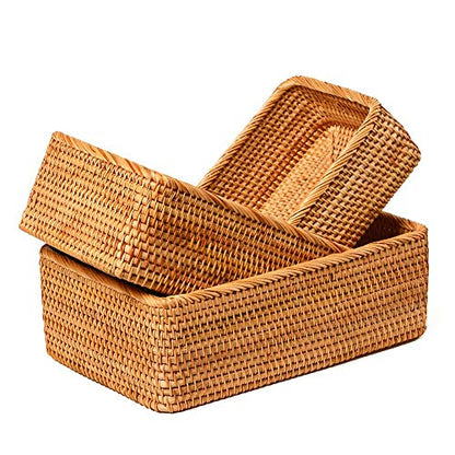 Handmade Rectangle Wicker Fruit Box Rattan Tray Magazine Organizer and Small Objects Container Serving Basket (3-Size/Kit) - size: 3-Size/Kit