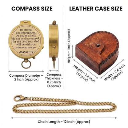 Compass – Brass Directional Vintage Compass Engraved with “Be Strong and Courageous” Joshua 1:9 Bible Verse, Baptism 2026 Communion Christian Inspirational Gifts for Women/Men - style: Be Strong- Leather Case