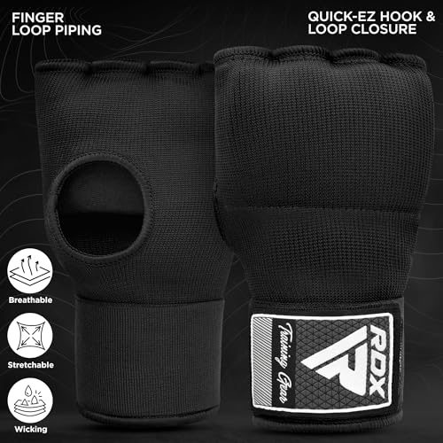 RDX Gel Boxing Hand Wraps Inner Gloves Men Women, Quick 100cm Long Wrist Straps, Elasticated Padded Fist Under Mitts Protection, Muay Thai MMA Kickboxing Martial Arts - color: Black, size: Medium