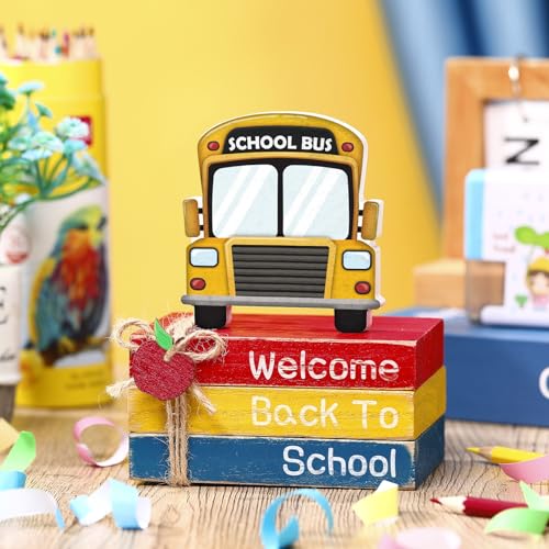 4 Pcs Back to School Table Decorations School Bus Office Decor First Day of Schooltiered Tray Decorations Decorative Mini Wooden Books Bus Signs for Office Shelf Classroom Tabletop Bookshelf - style: Bus
