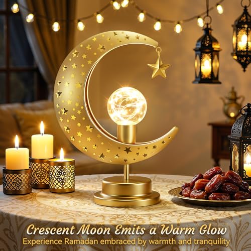 Lewondr Ramadan Moon Lamp, Crescent Moon with Star Table Lamp, Battery Powered Ramadan Desk Lamp Decorations Crescent Table Light Bedside Night Stand Desktop Living Room Home Decor, Eid Mubarak Decor - style: Crescent Moon with Star