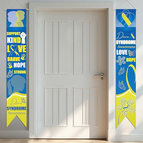 WANDIC 2Pcs Yellow & Blue Ribbon Porch Banners,Down Syndrome Awareness Ribbon Porch Signs World Down Syndrome Day Door Hanging Banners for Charity Events Decoration,180 * 30cm - color: Yellow Blue Ribbon