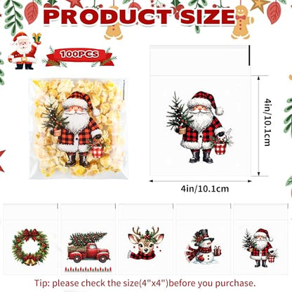 Self-Sealing Christmas Cellophane Cookie Bags - 4x4 Inch 100 PCS Plastic Self-Adhesive Xmas Santa Goodie Candy Treat Gifts Bags Bulk Pouches for Holiday Winter Party Favors Gift Wrapping, 5 Style - color: Christmas 100pcs