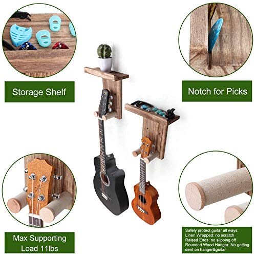 Keebofly Guitar Wall Mount Hanger with Shelf & Pick Holder | 2 Pack Wood Guitar Stand Holder Wall, Universal Guitar Hook for Acoustic, Electric, Bass Guitars, Ukulele, Brown, [Patented] - color: 2 Pack_Rustic Brown