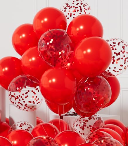 AULE Party Balloons Pack of 42-12in Red Confetti Balloons & Red Latex Balloons and 64ft Ribbons - 12 Inches Balloons Decorations Set - color: Red