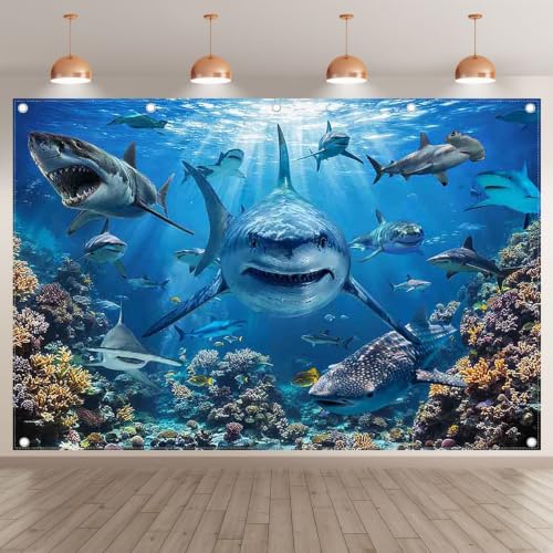 12x8ft Shark Theme Under the Sea Photography Backdrop | Underwater World, Kids Party Supplies, Aquarium Coral Reef Shallows Banner, Deep Ocean Photo Booth, Polyester, Grommets, 1PC - size: 12'x8'