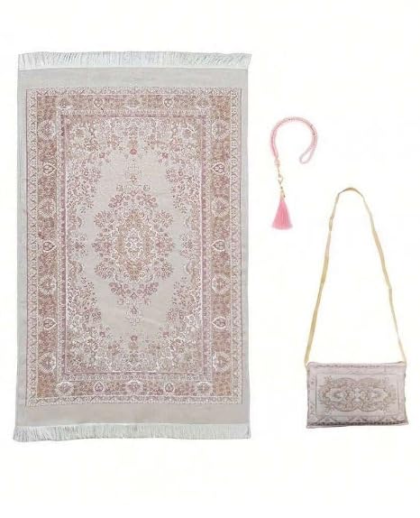 Islamic Travel Prayer mat Mus Portable Prayer Rug Muslim Prayer Mat and Prayer Beads | Janamaz | Sajadah | Soft Islamic Prayer Rugs | Taffeta Fabric 70 * 110 Pink