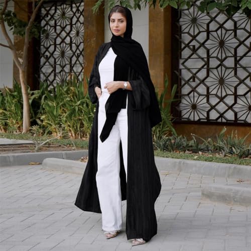 Womens Muslim Kimono Abaya Solid Striped Retro Ethnic Cardigan Robe Dubai Middle Eastern Saudi Arabia Eid Clothes - color: Black Cardigan + Hijab, size: X-Large