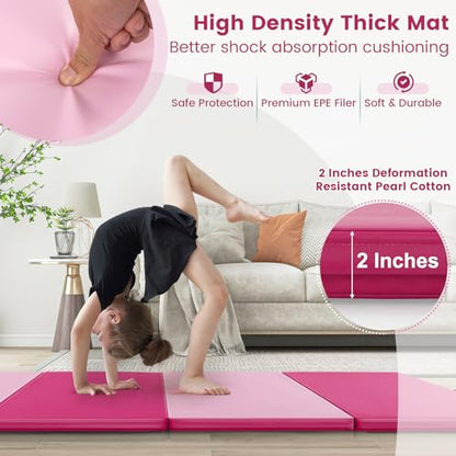 Goplus Folding Gymnastics Mat, 10’ x 4’ x 2’’ Thick Tumbling Mats with PU Leather, Hook & Loop Fasteners, Portable Handles, 4-Panel Exercise Mat for Home Gym Workouts, Yoga - color: Rose+Pink
