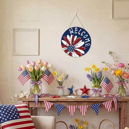 Smile Patriotic Flower Welcome Wooden Round Door Hanger, American Flag Themed Front Door Sign for 4th of July & Memorial Day Decor - style: Patriotic Daisy