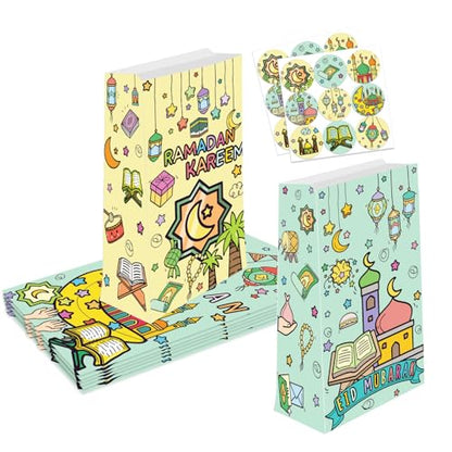 YVAINE 12-Pack Eid Mubarak Goodie Bags with Stickers - Ramadan Candy Treat Bags 8.7x4.7x3.2 Inches, Double-Sided Printed Colorful Paper Gift Bags with Stars, Moons & Lanterns Design for Eid Party Favors, Classroom Gifts, Holiday Celebrations