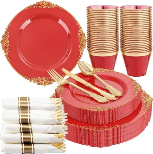 Nervure 175Pcs Red Plastic Plates, Disposable Party Plates for 25 Guests - color: Red, size: 175Pcs(25Guests)