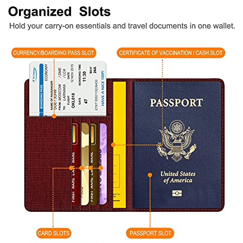 FINTIE Passport Holder, Slim Travel Wallet RFID Blocking Card Case Cover - color: Denim Burgundy