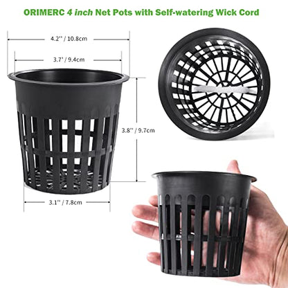 ORIMERC 4 inch 15 Pack Net Cups Pots, with 15 feet Self Watering Rope, 15 Plant Labels, for Hydroponics Aquaponics Kratky Orchid Vegetable Indoor Outdoor Growing Baskets Nursery Slotted Mesh BPA Free - size: 4 inch (15 Pack)