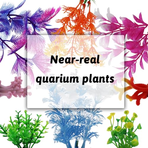 QUOZUO Fish Tank Decorations Plants with Resin Coral, 8 pcs Aquarium Decorations Small Plants Plastic, Fish Tank Accessories Aquarium Decor