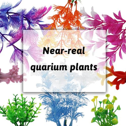 QUOZUO Fish Tank Decorations Plants with Resin Coral, 8 pcs Aquarium Decorations Small Plants Plastic, Fish Tank Accessories Aquarium Decor